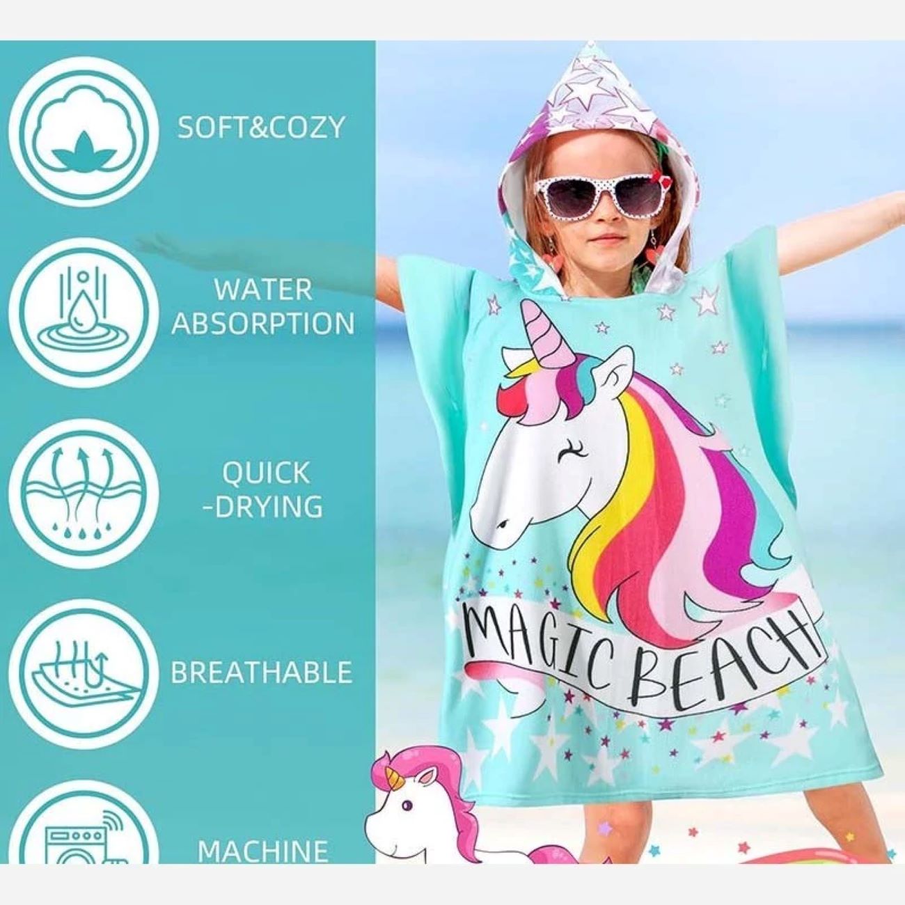 Weicher blauer Badeponcho für Kinder mit Einhorn-Muster