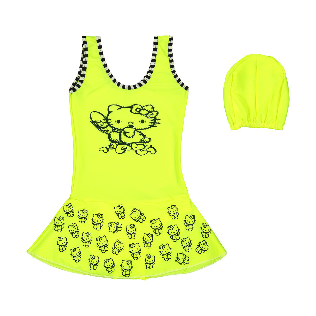 Mädchen-Badeanzug mit Rockdesign – Hello Kitty-Muster mit Badekappe