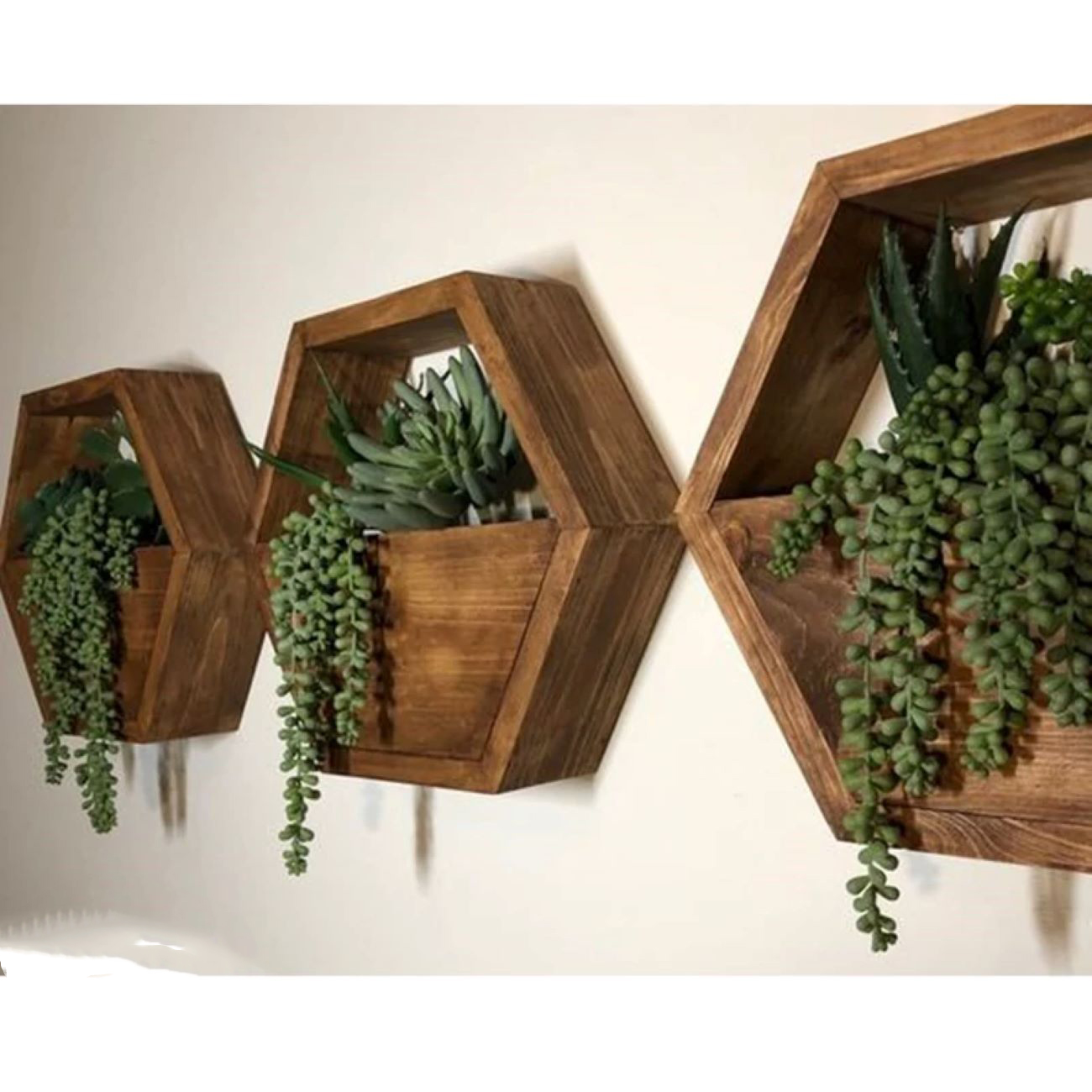 Wandpflanzgefäß im Hexagon-Design – Kaktus, aus Holzmaterial (1 Stück)