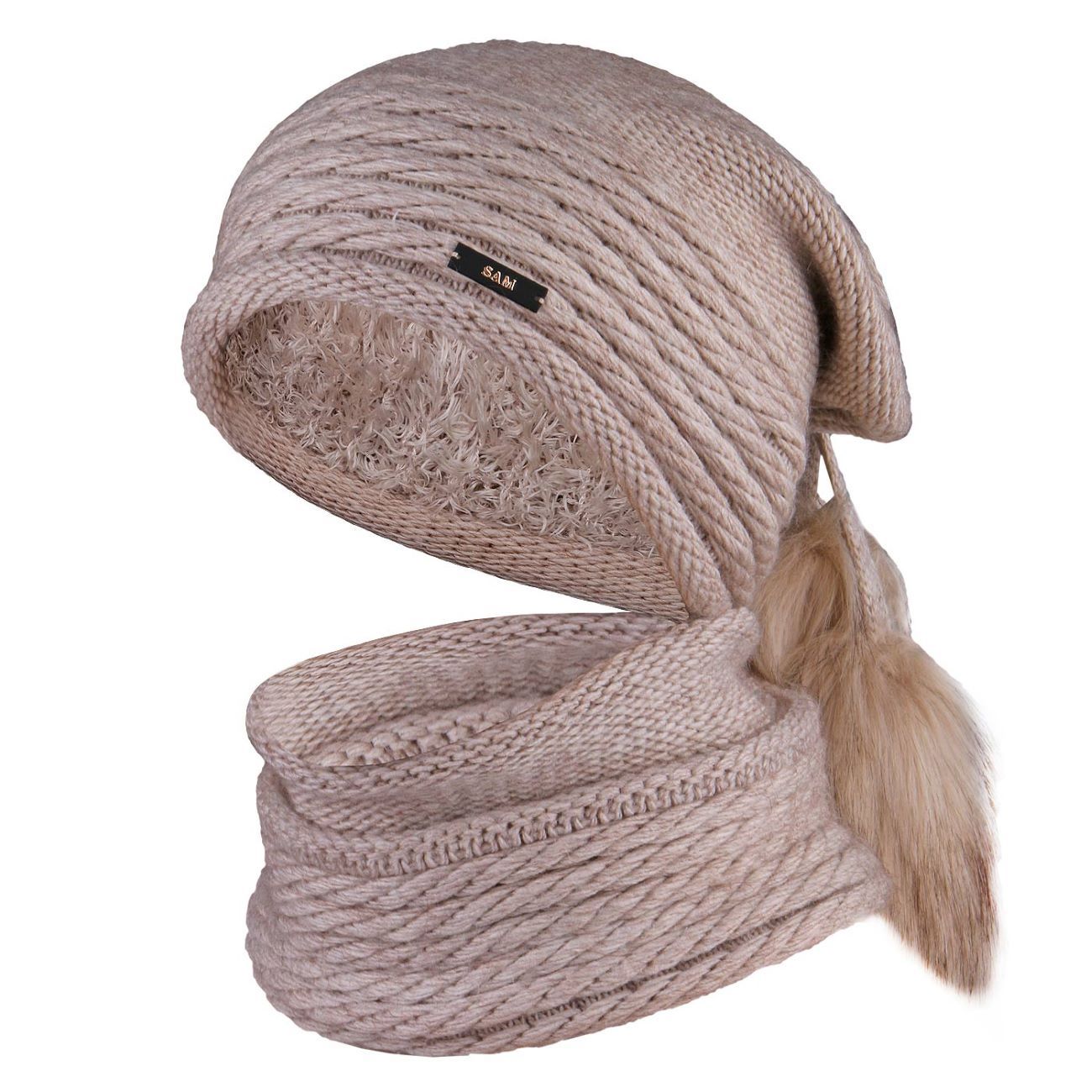 Strickmützen- und Schal-Set, Modell Sam, mit Fellfutter