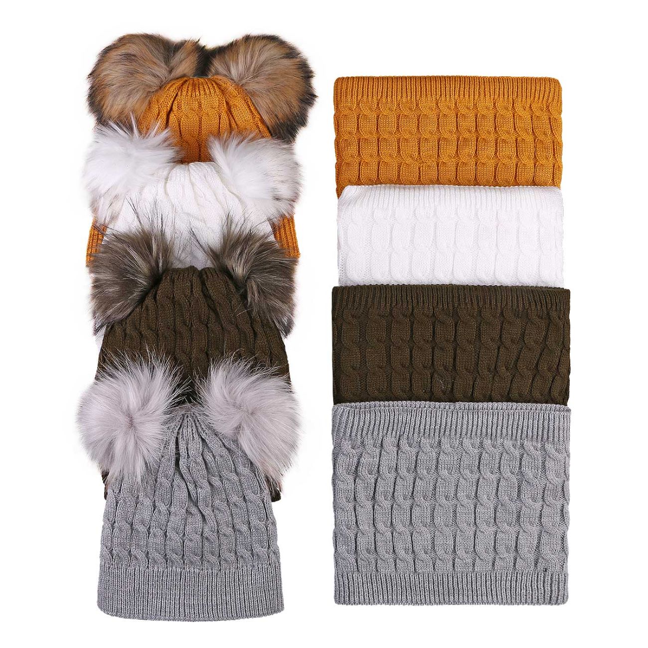 Ringschal- und Strickmützen-Set mit Fellfutter im Fantasie-Ohren-Stil