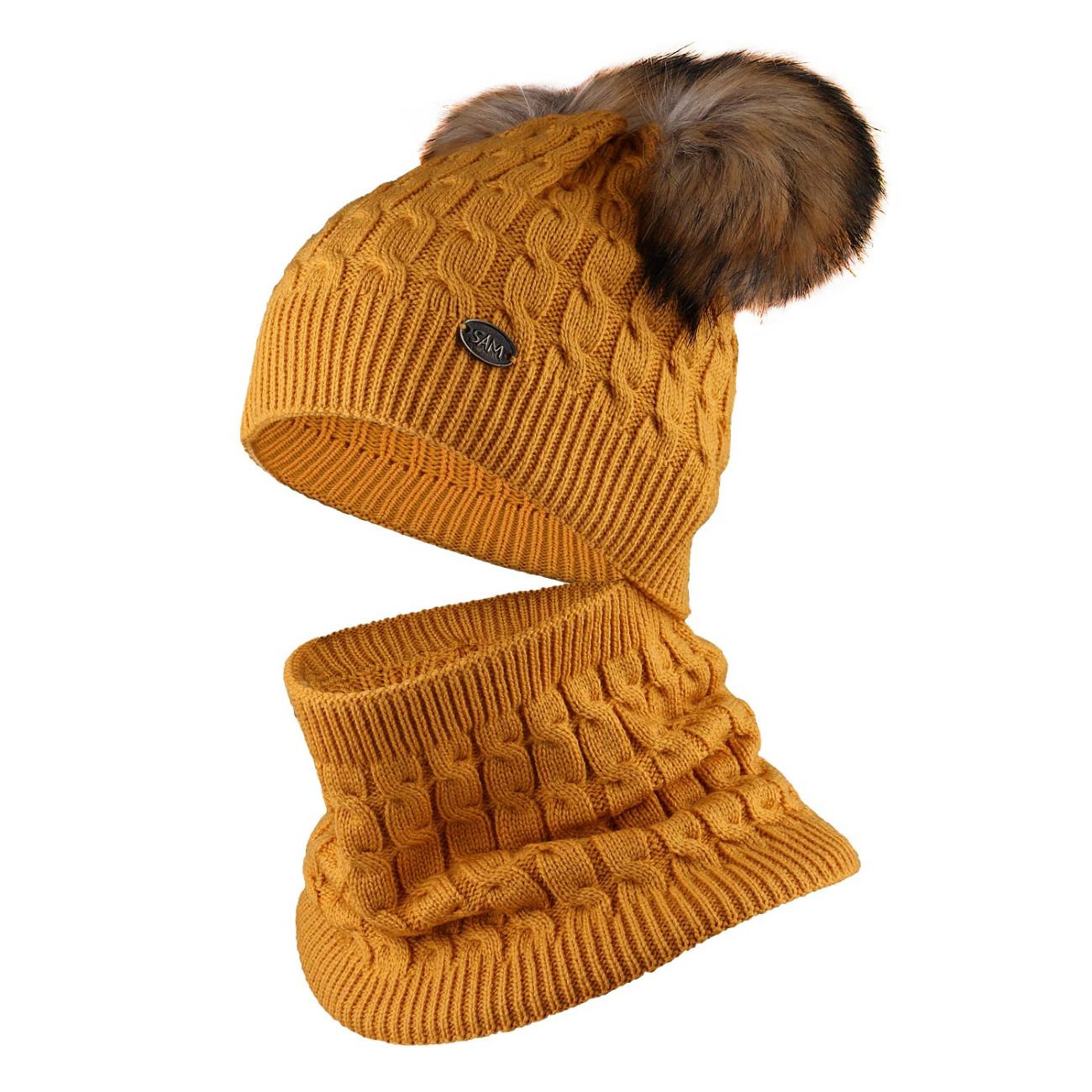 Ringschal- und Strickmützen-Set mit Fellfutter im Fantasie-Ohren-Stil