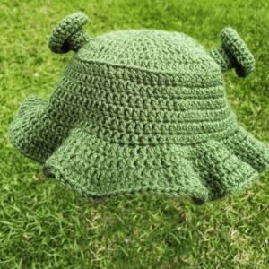 Shrek-inspirierter gehäkelter Oger-Bucket Hat mit Ohren – Für Freizeit und Reisen geeignet