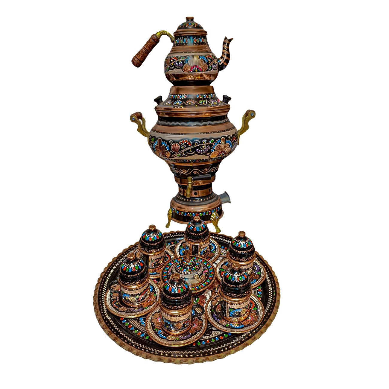 16-teiliges Kupfer-Samowar-Set mit Mina-Kari-Emaille-Design