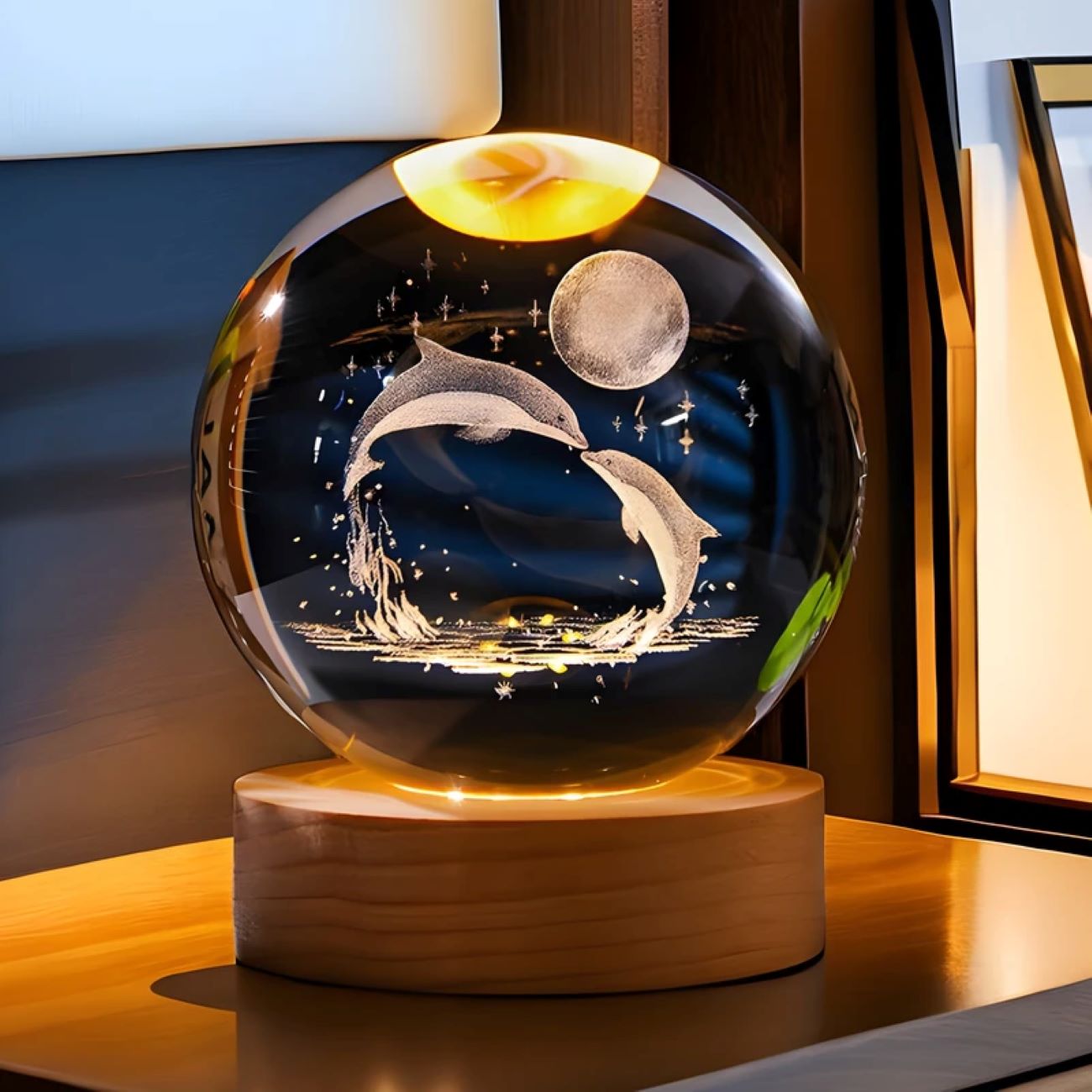 3D Kristall-Globus-Tischlampe, Romantisches Delfin- und Mond-Design-Modell