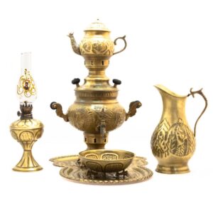 6-teiliges Messing-Kohle-Samowar-Set, Ghalamkari-Gravur