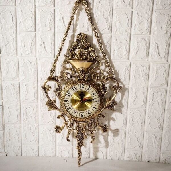 Large-Brass-Hanging-Wall-Clock-with-Brass-Floral-Pendant-1