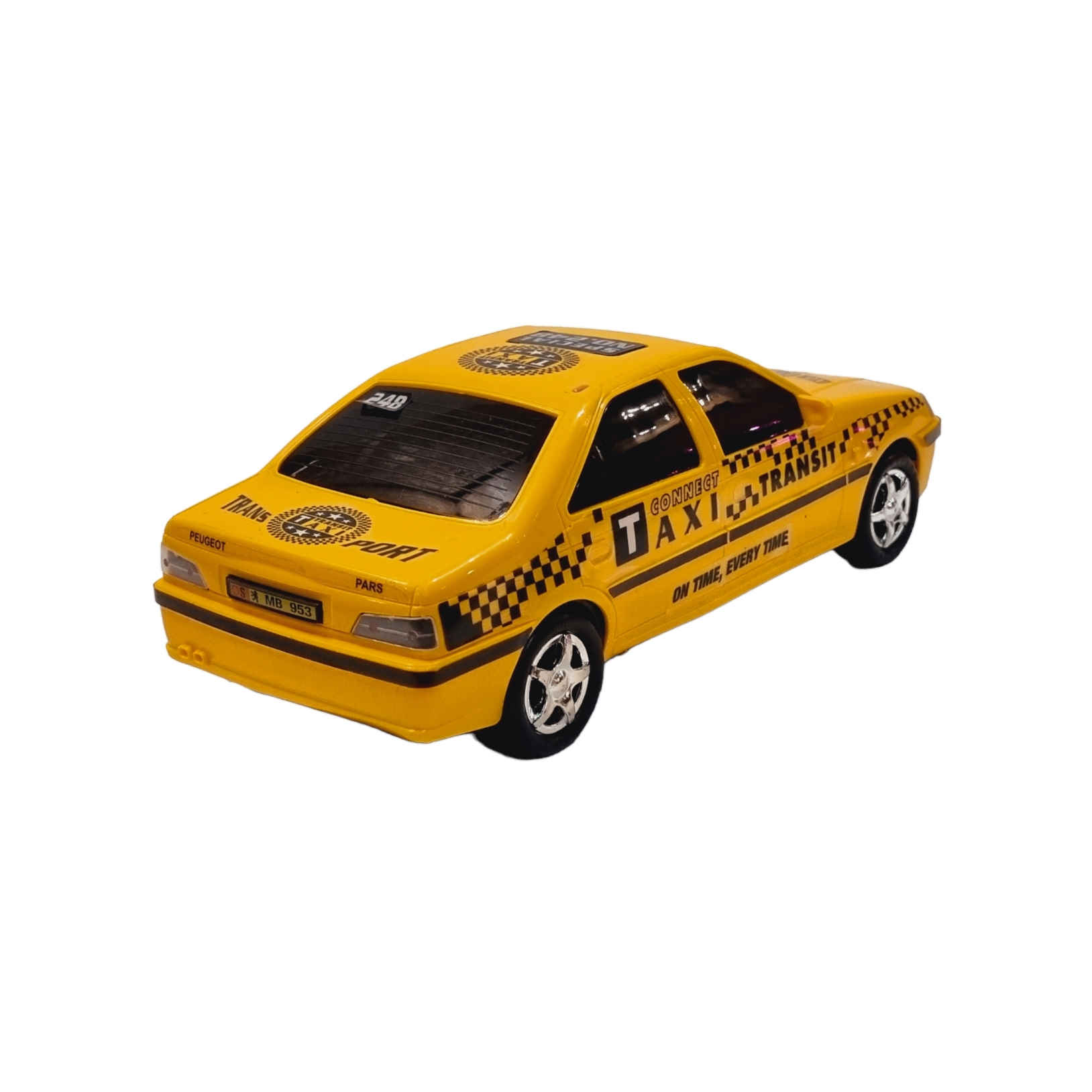 Klassisches iranisches Taxi-Spielzeug – Peugeot Pars Modell mit Beleuchtung in Gelb