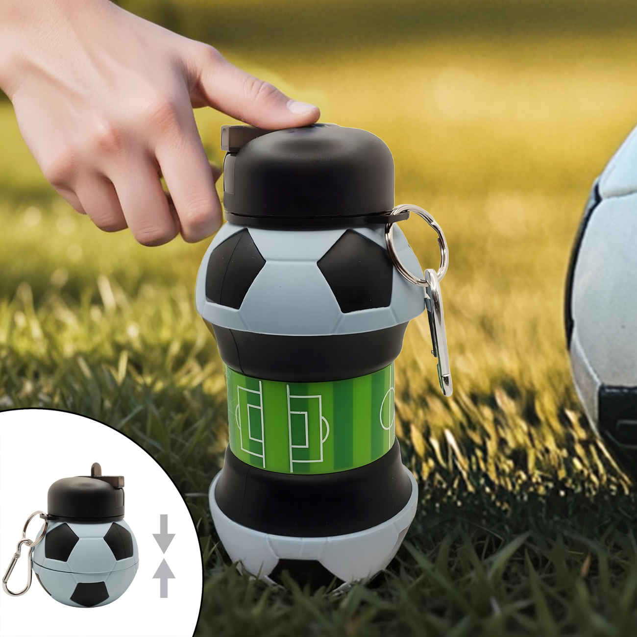 Zusammenklappbare Silikon-Wasserflasche – Fußball-Design, 0,55 L Fassungsvermögen