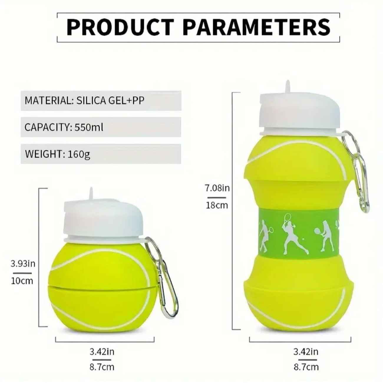 Zusammenklappbare Silikon-Wasserflasche – Tennisball-Design, 0,55 L Fassungsvermögen