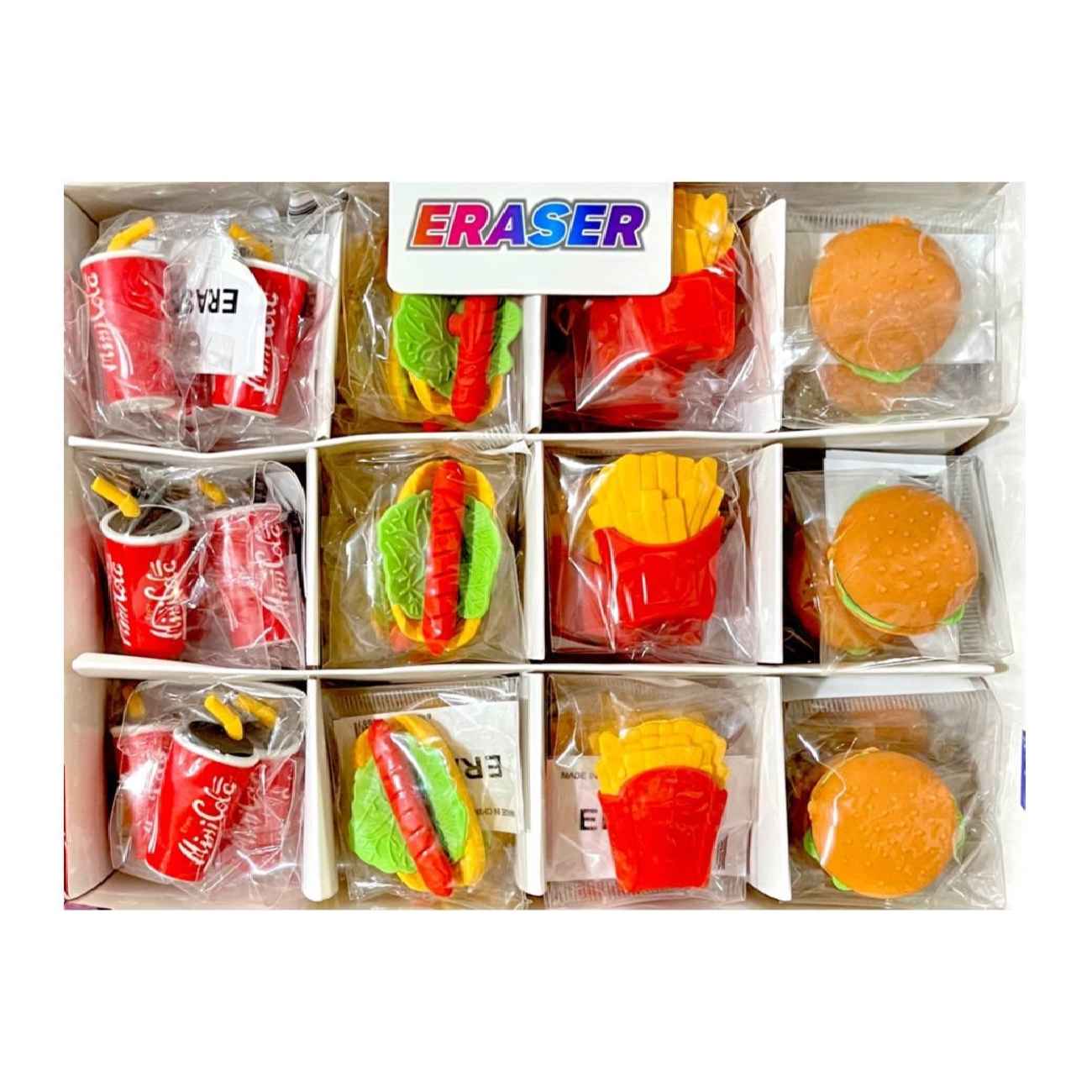 Mini-Radiergummis im Schnellimbiss-Design – Niedliches Set mit Burger, Pizza, Limonade & Pommes (4 Stück)