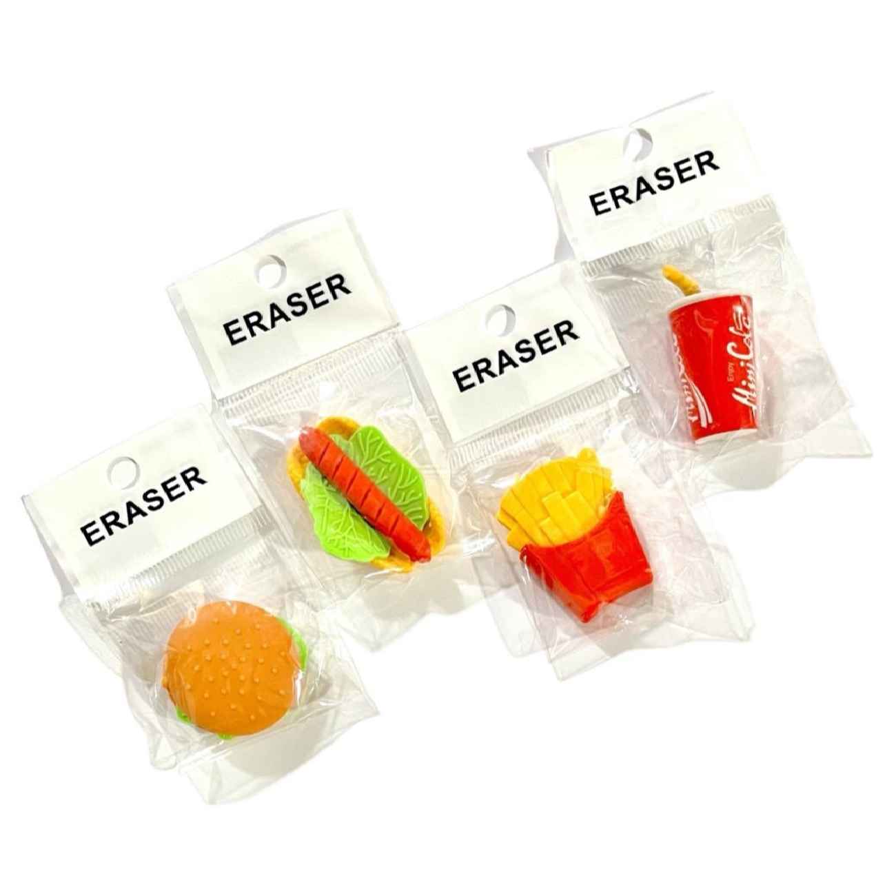 Mini-Radiergummis im Schnellimbiss-Design – Niedliches Set mit Burger, Pizza, Limonade & Pommes (4 Stück)