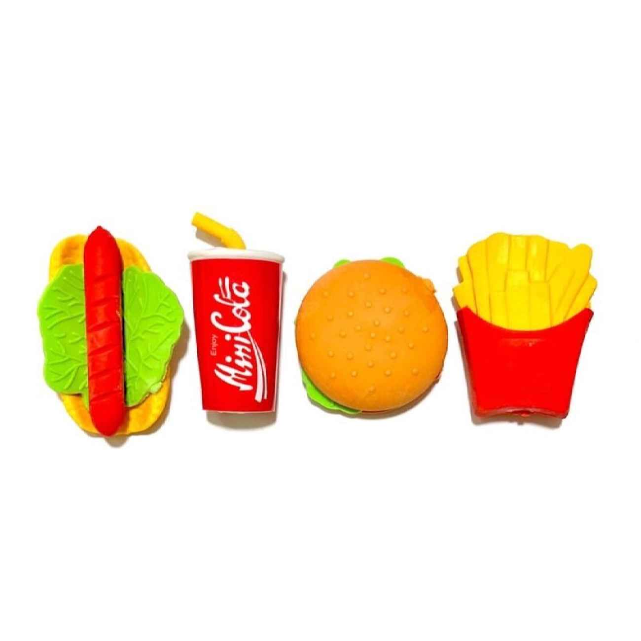 Mini-Radiergummis im Schnellimbiss-Design – Niedliches Set mit Burger, Pizza, Limonade & Pommes (4 Stück)