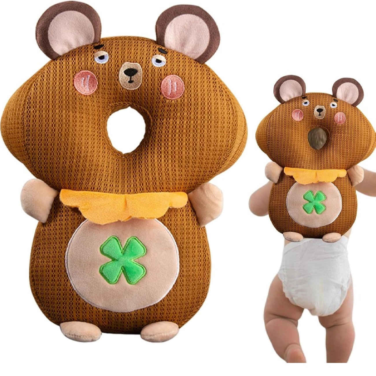 „Babykopfschutzkissen – Modell Kleebär – Weiches Plüschkissen mit verstellbaren Gurten“