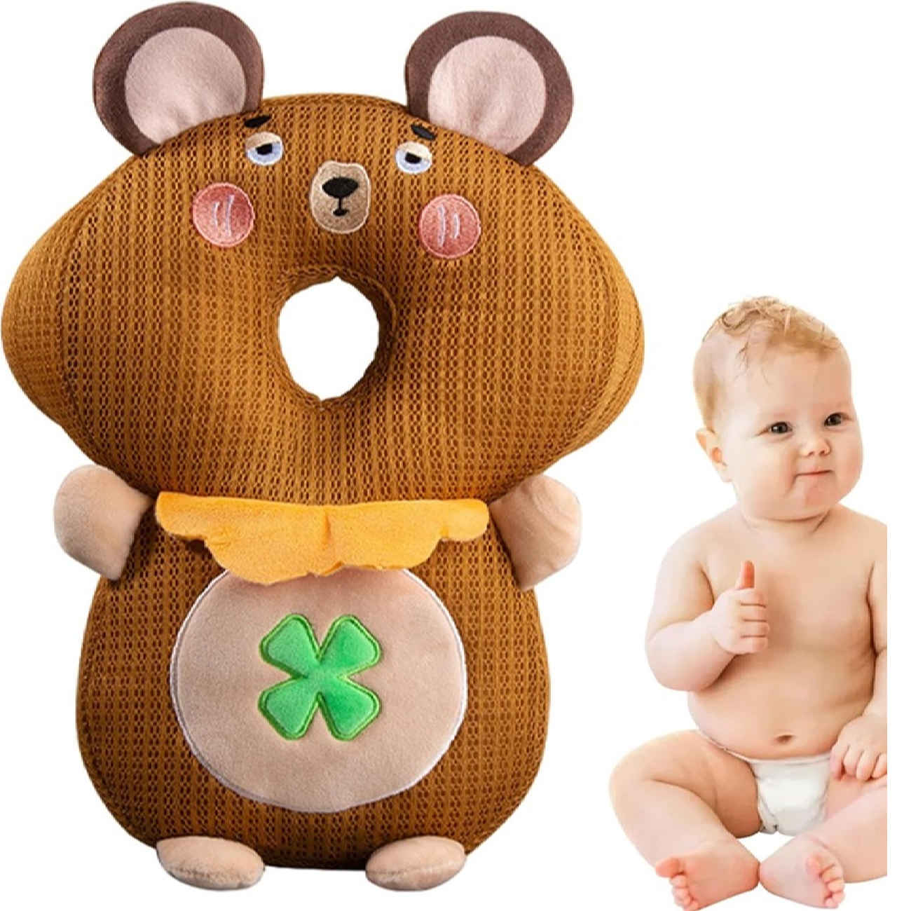 „Babykopfschutzkissen – Modell Kleebär – Weiches Plüschkissen mit verstellbaren Gurten“