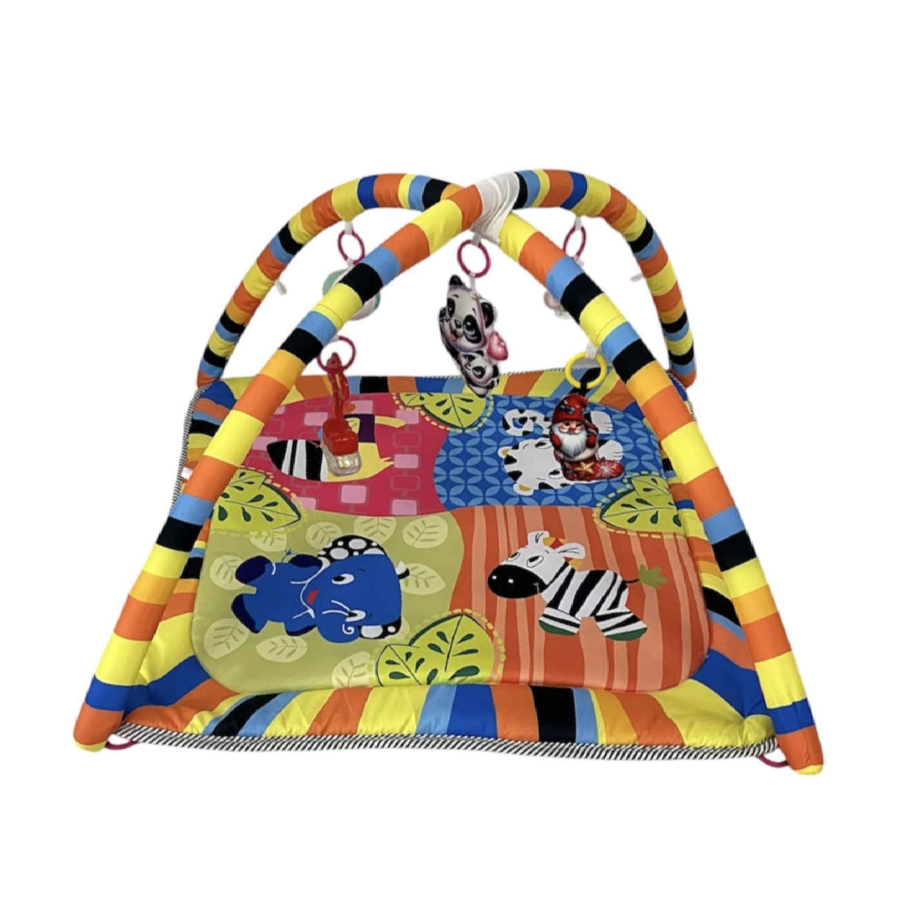 Babyspielmatte im karierten Tiermuster – Weiches Mikrofasergewebe mit hängenden Spielzeugen