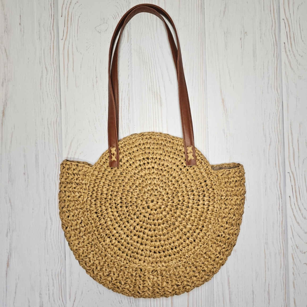Handgefertigte Häkeltasche aus Raffia für den Sommer – Geräumige Strandtasche mit Schulterriemen in Lederoptik
