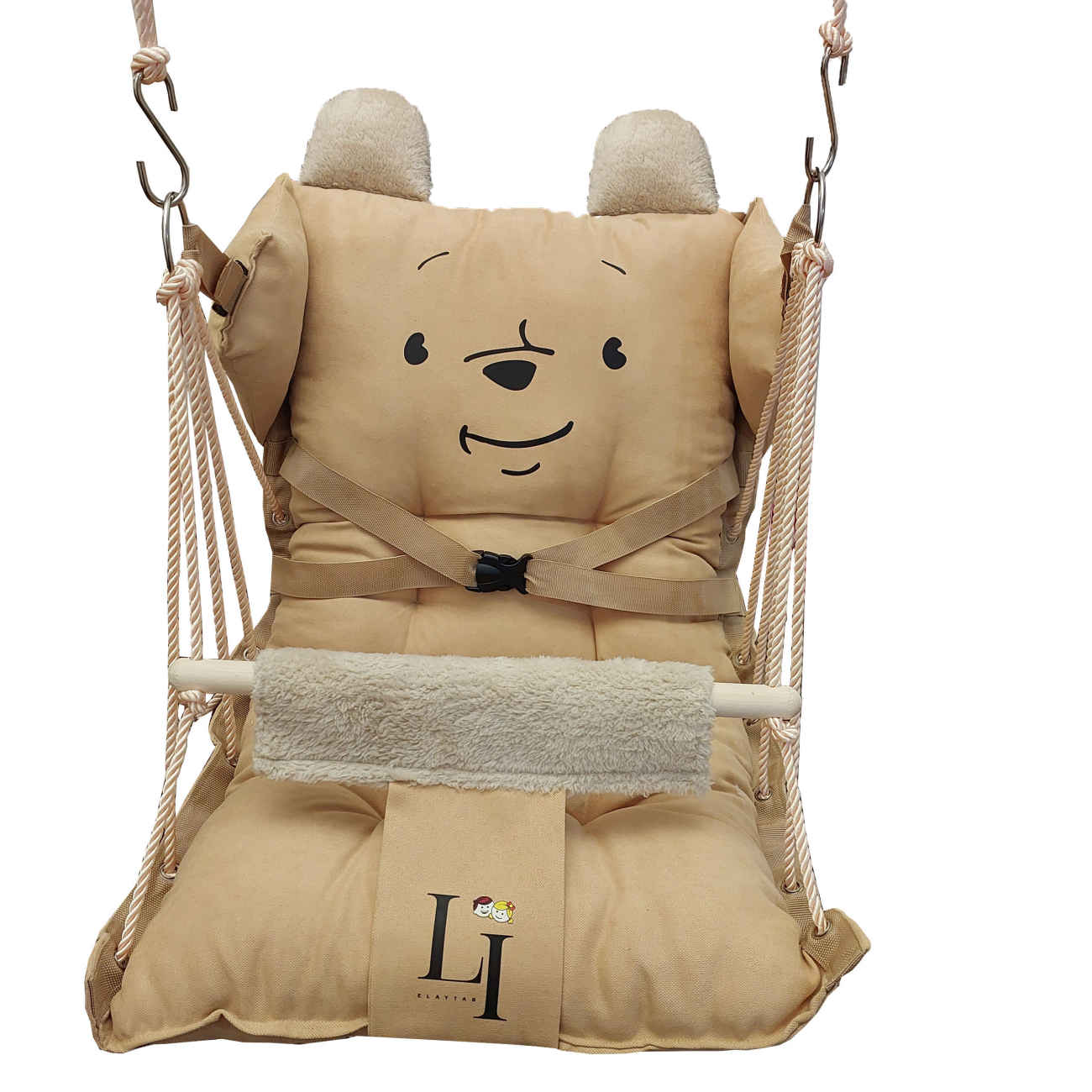 LI Kleinkind-Schaukel – Weiches Baumwoll-Hängesitzchen im Teddybär-Design mit Sicherheitsgurt und verstellbarer Rückenlehne