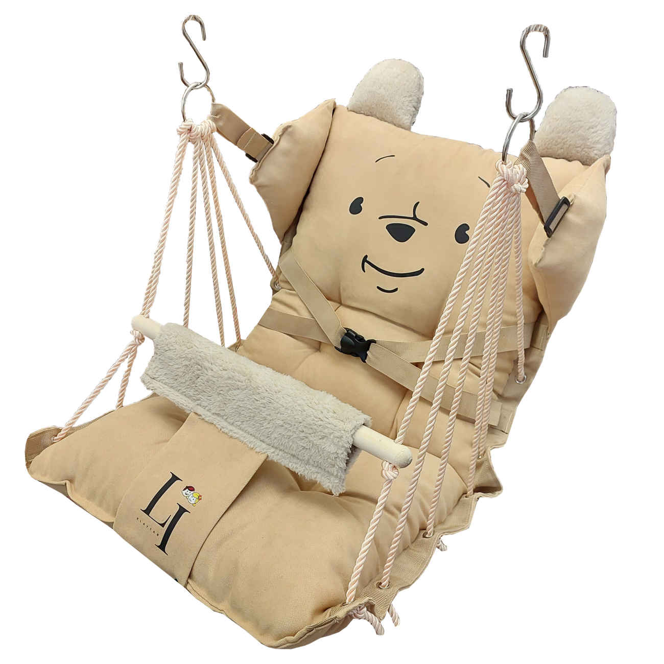 LI Kleinkind-Schaukel – Weiches Baumwoll-Hängesitzchen im Teddybär-Design mit Sicherheitsgurt und verstellbarer Rückenlehne