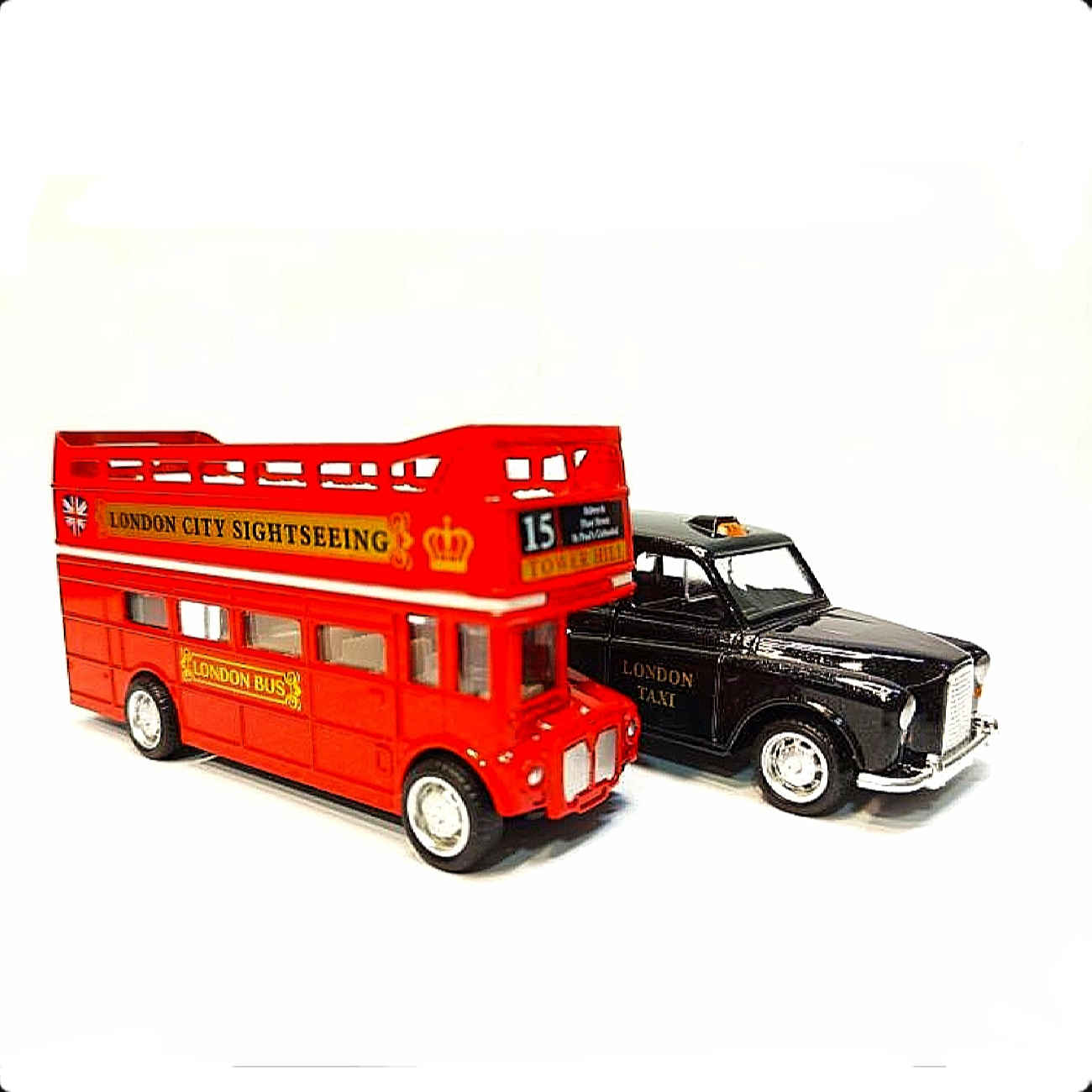 Modellset London Bus und Taxi aus Gussmetall – Klassische britische Fahrzeugkollektion – 2 Teile