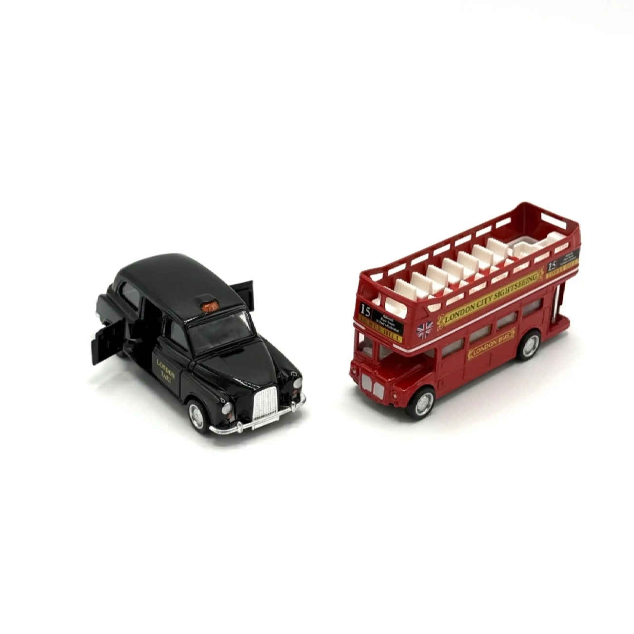 Modellset London Bus und Taxi aus Gussmetall – Klassische britische Fahrzeugkollektion – 2 Teile
