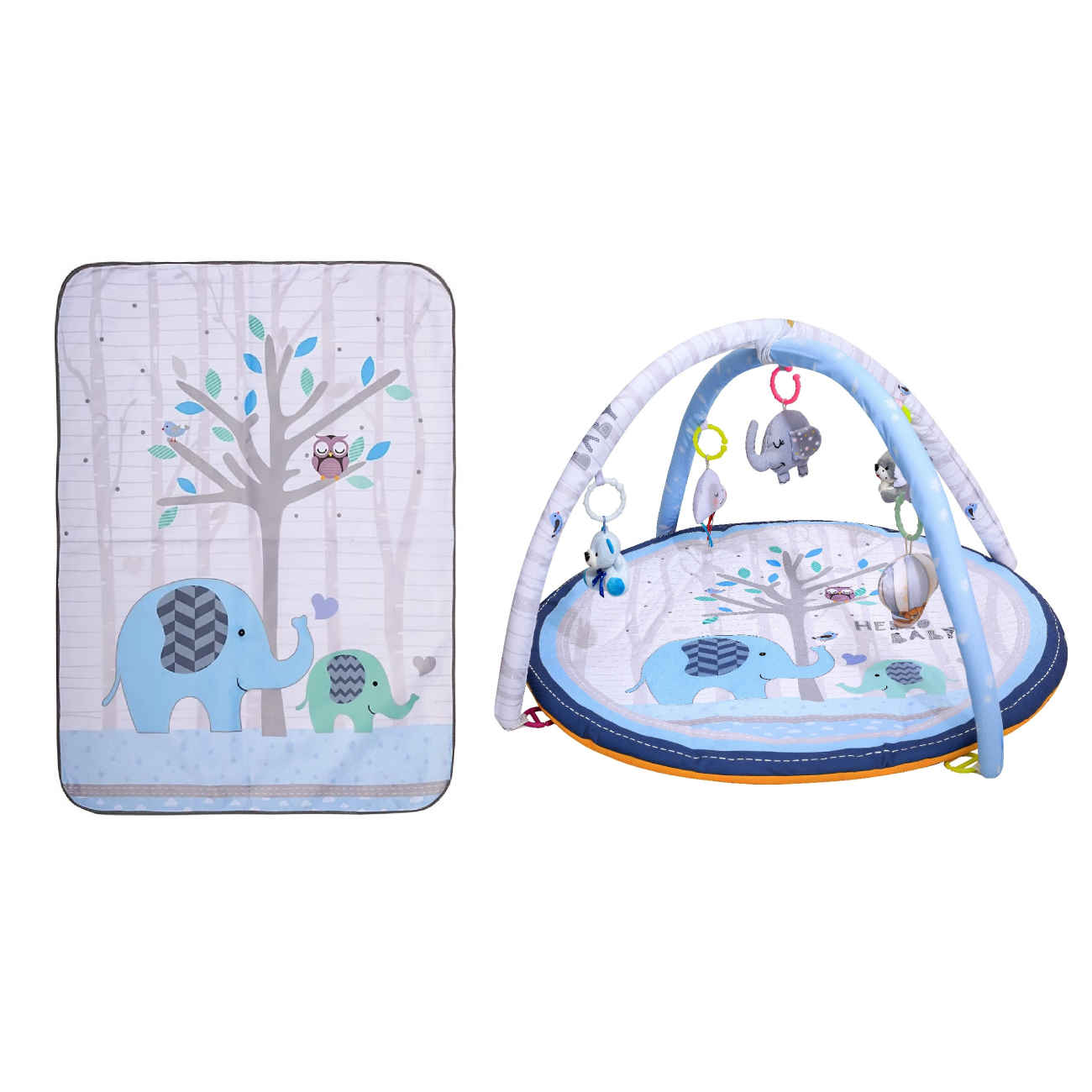 Mamaphant-Babyspielmatte mit Plüschspielzeugen und integrierter Wickelunterlage