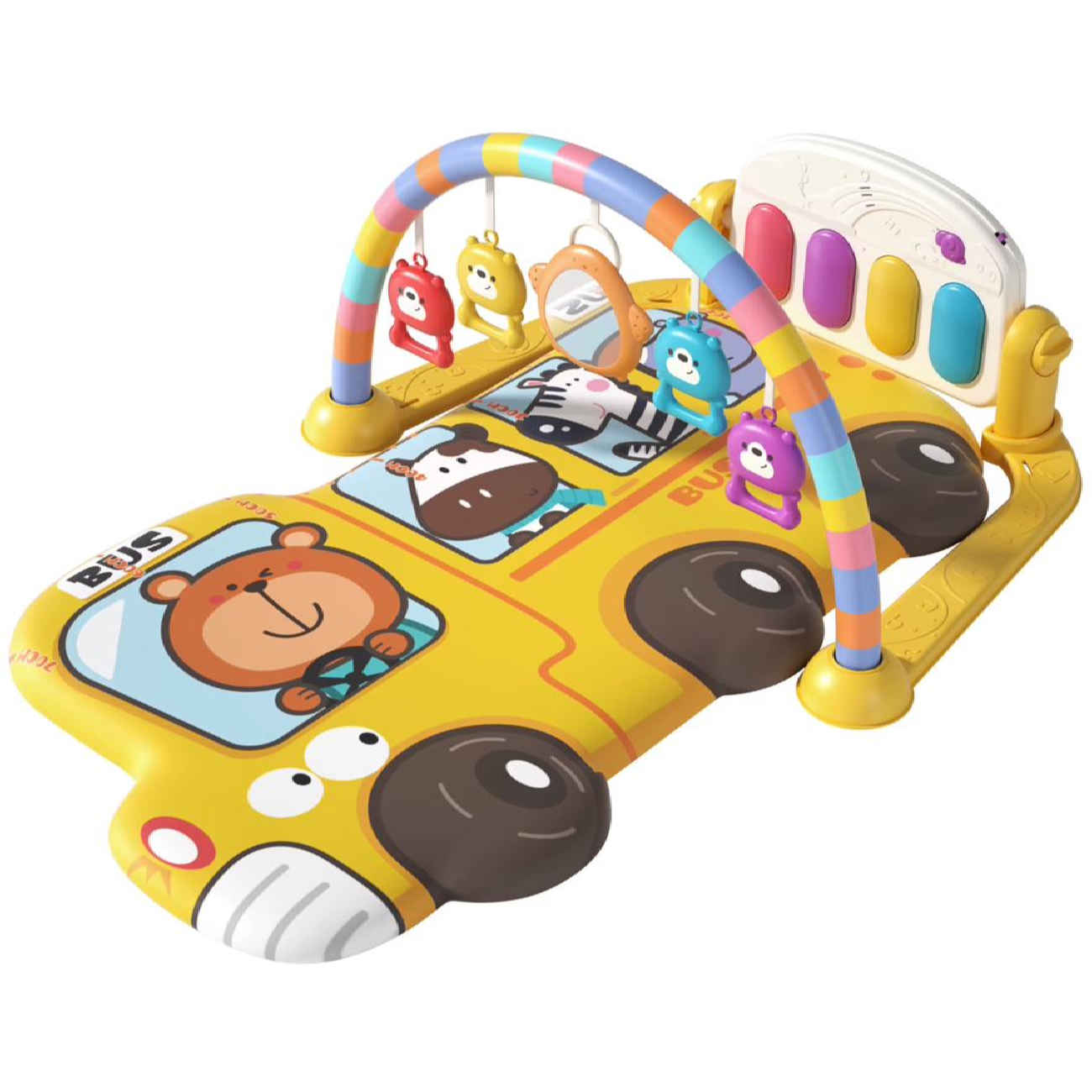 Multifunktionaler Spielteppich für Babys – Bus-Motiv mit Hängetieren und Spielklavier