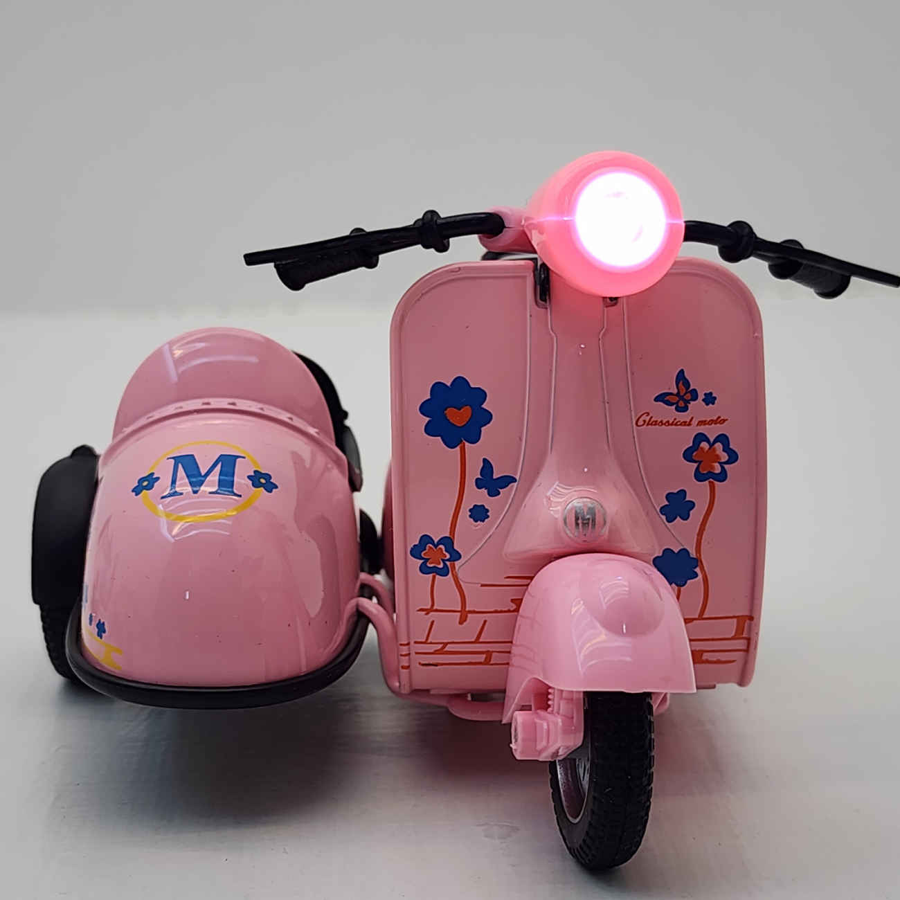 NabSell Vespa mit Beiwagen – Roter Metallguss-Musikscooter mit Beleuchtung und blauem Blumenmuster