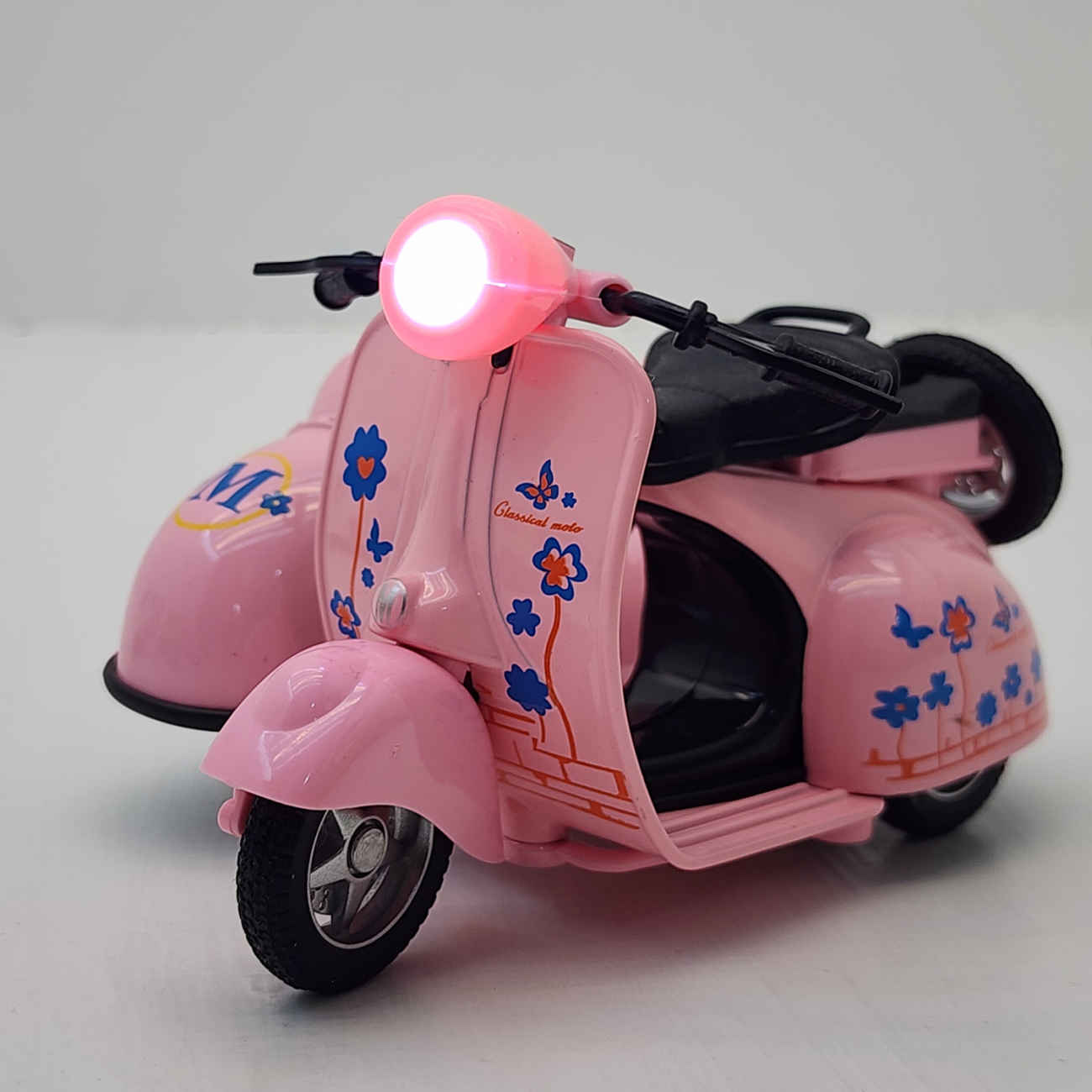 NabSell Vespa mit Beiwagen – Roter Metallguss-Musikscooter mit Beleuchtung und blauem Blumenmuster