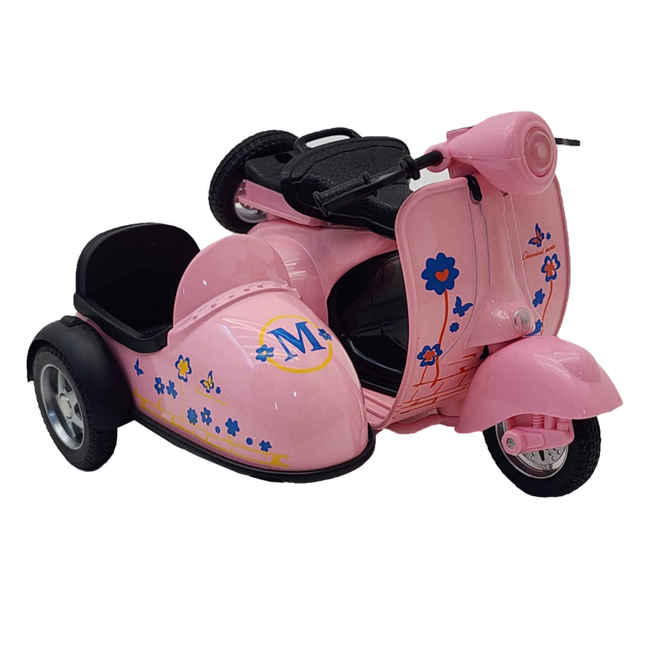 NabSell Vespa mit Beiwagen – Roter Metallguss-Musikscooter mit Beleuchtung und blauem Blumenmuster