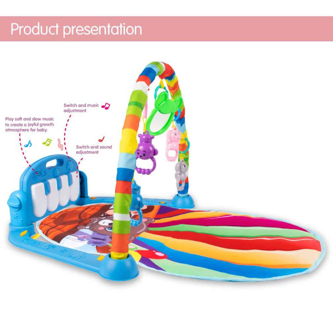 Sichere und weiche Babyspielmatte mit Tiermotiven, Klavierfunktion und Rasseln