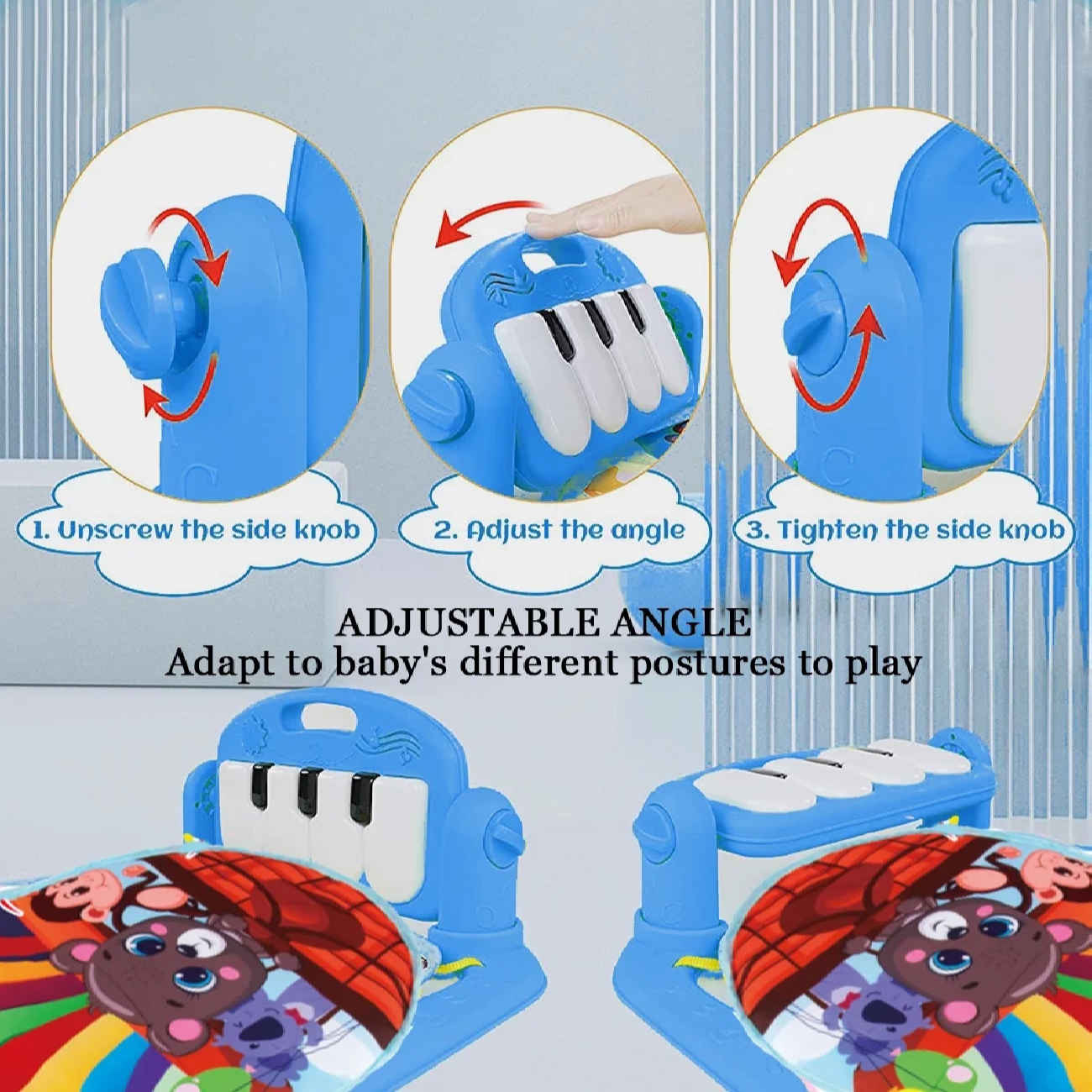 Sichere und weiche Babyspielmatte mit Tiermotiven, Klavierfunktion und Rasseln