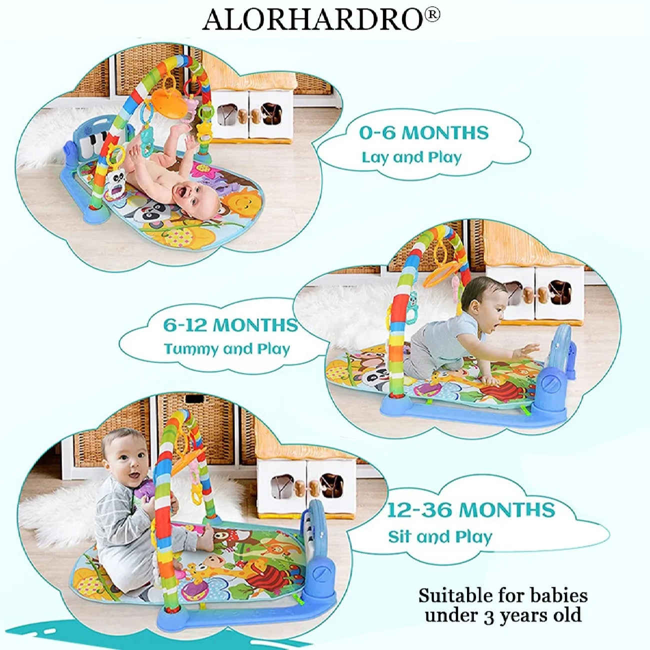 Sichere und weiche Babyspielmatte mit Tiermotiven, Klavierfunktion und Rasseln
