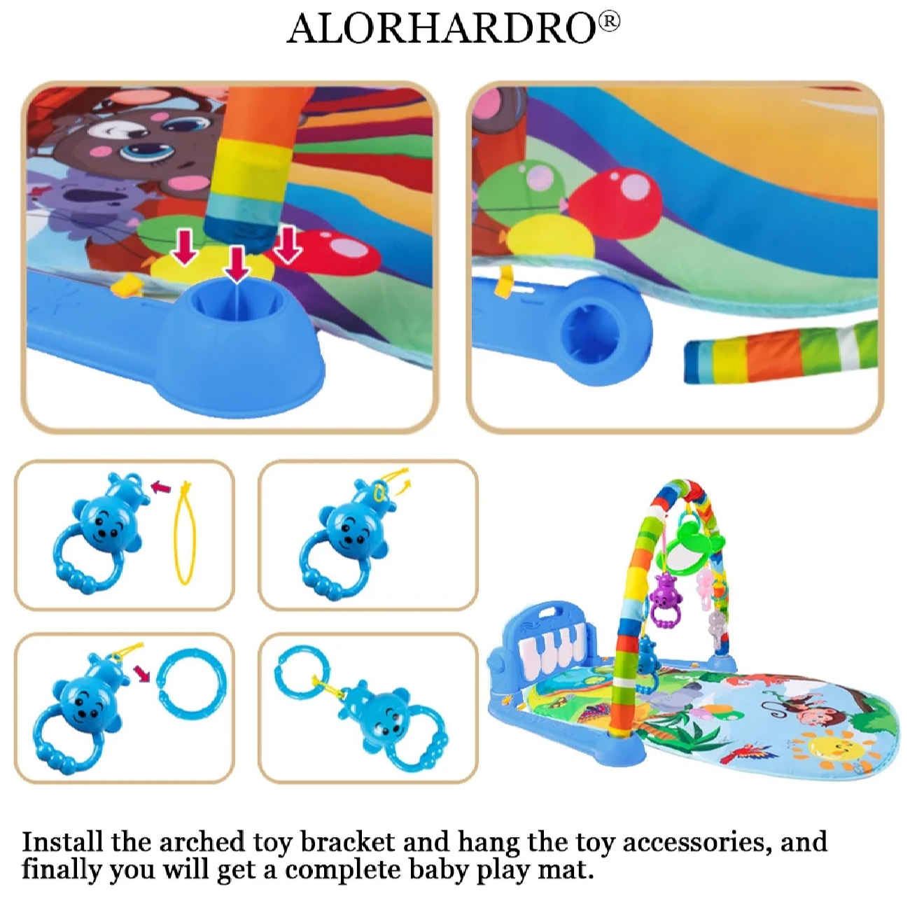 Sichere und weiche Babyspielmatte mit Tiermotiven, Klavierfunktion und Rasseln