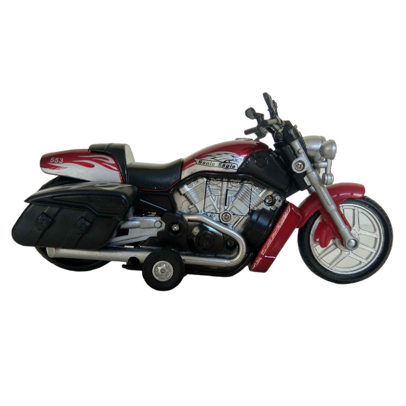 Rotes Metallguss-Spielzeugmotorrad mit Rückziehmechanismus, Licht und Klang – Maßstab 1:16