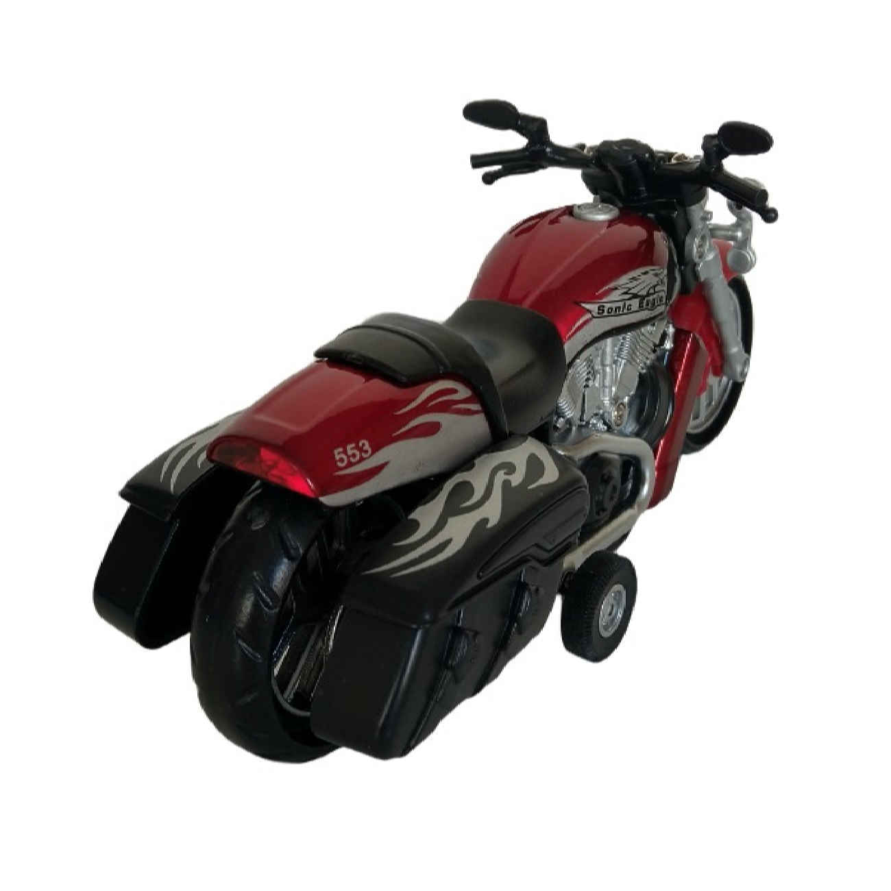 Rotes Metallguss-Spielzeugmotorrad mit Rückziehmechanismus, Licht und Klang – Maßstab 1:16