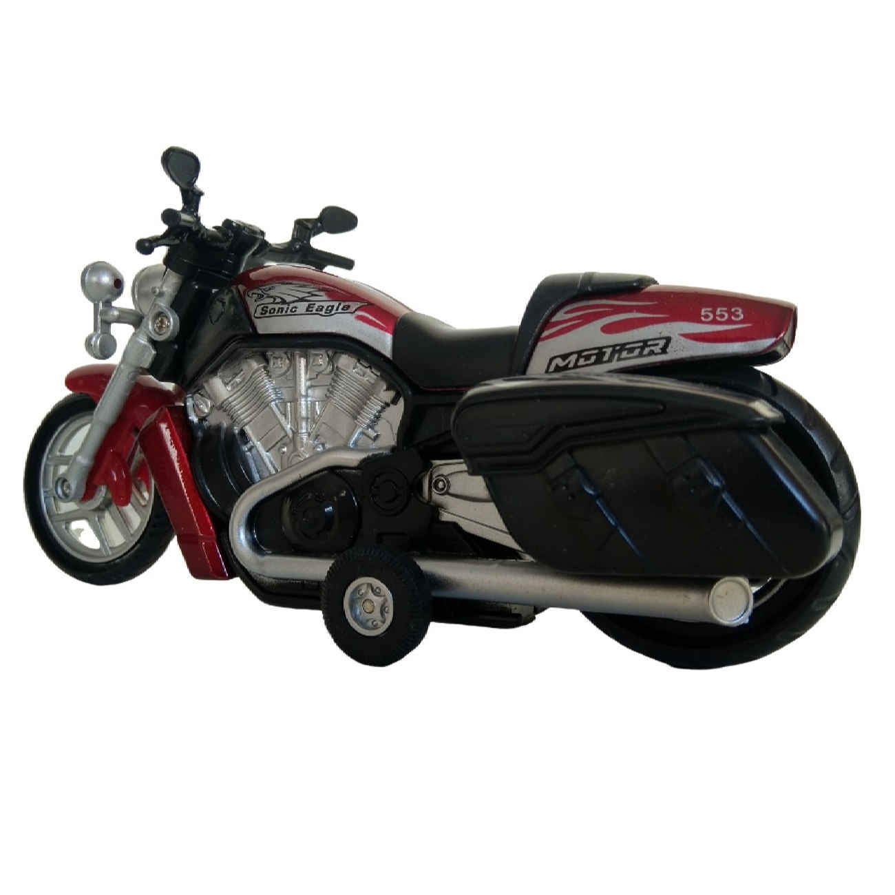 Rotes Metallguss-Spielzeugmotorrad mit Rückziehmechanismus, Licht und Klang – Maßstab 1:16