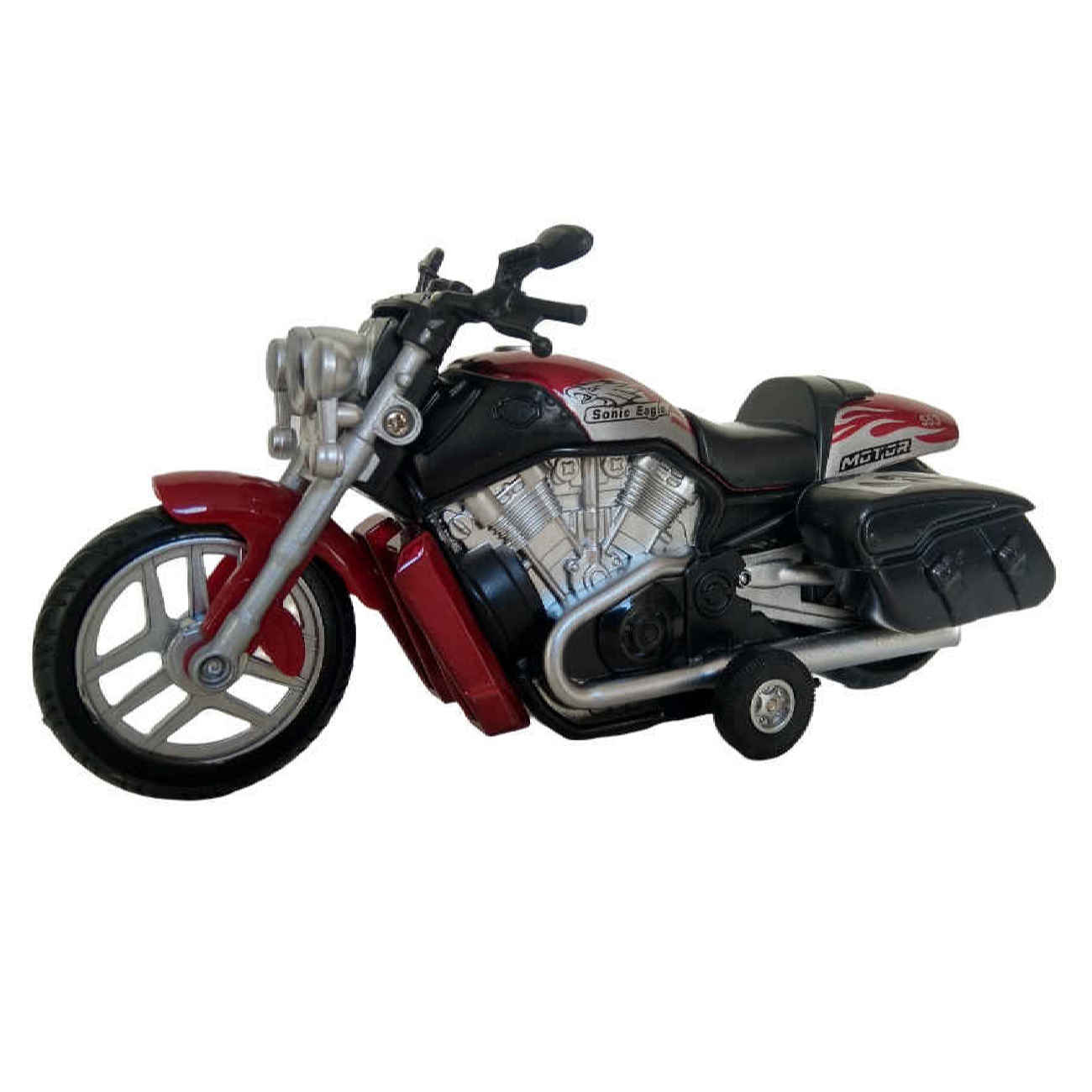 Rotes Metallguss-Spielzeugmotorrad mit Rückziehmechanismus, Licht und Klang – Maßstab 1:16