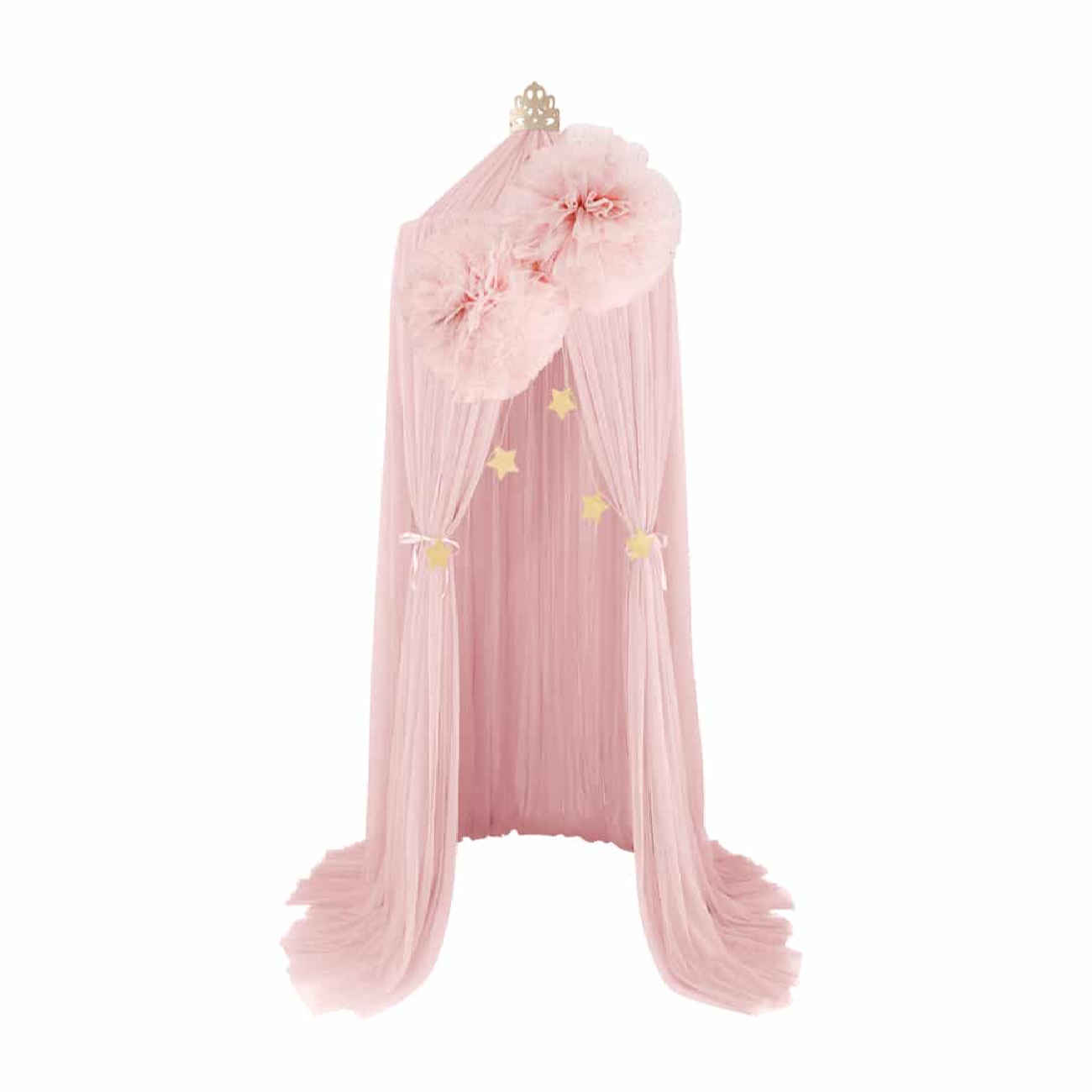 Betthimmel aus Chiffon mit Sternenmuster – Transparenter Stoff mit Pompons und goldenen Sternenakzenten