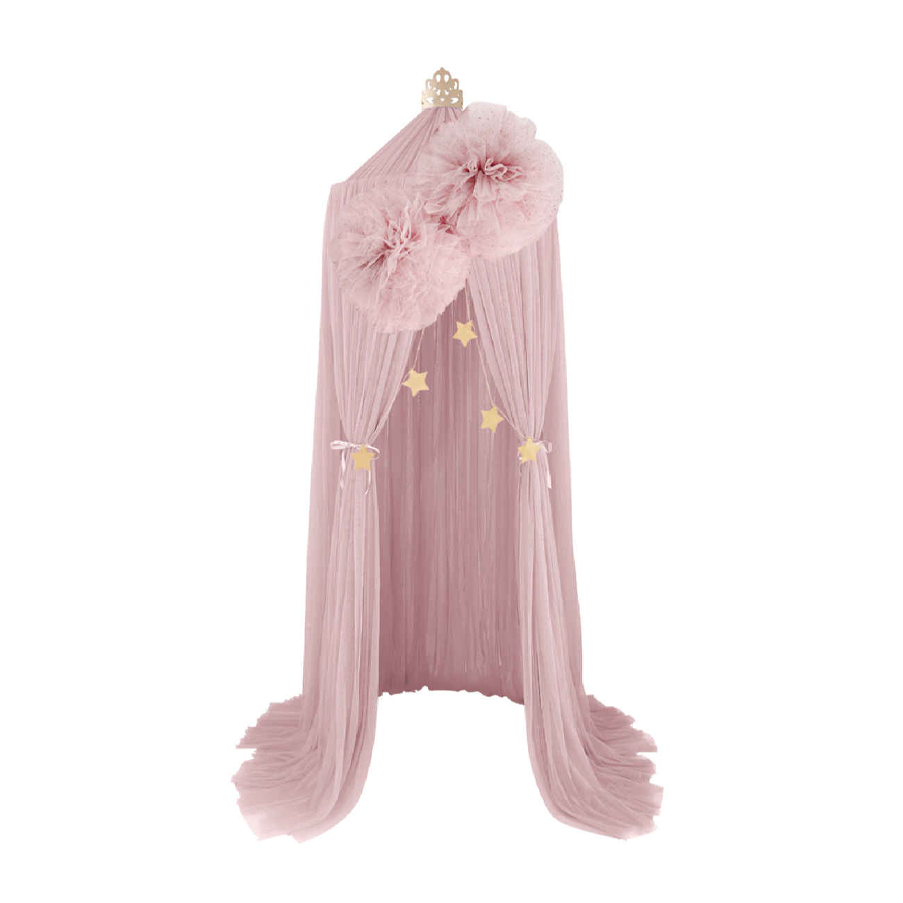 Betthimmel aus Chiffon mit Sternenmuster – Transparenter Stoff mit Pompons und goldenen Sternenakzenten