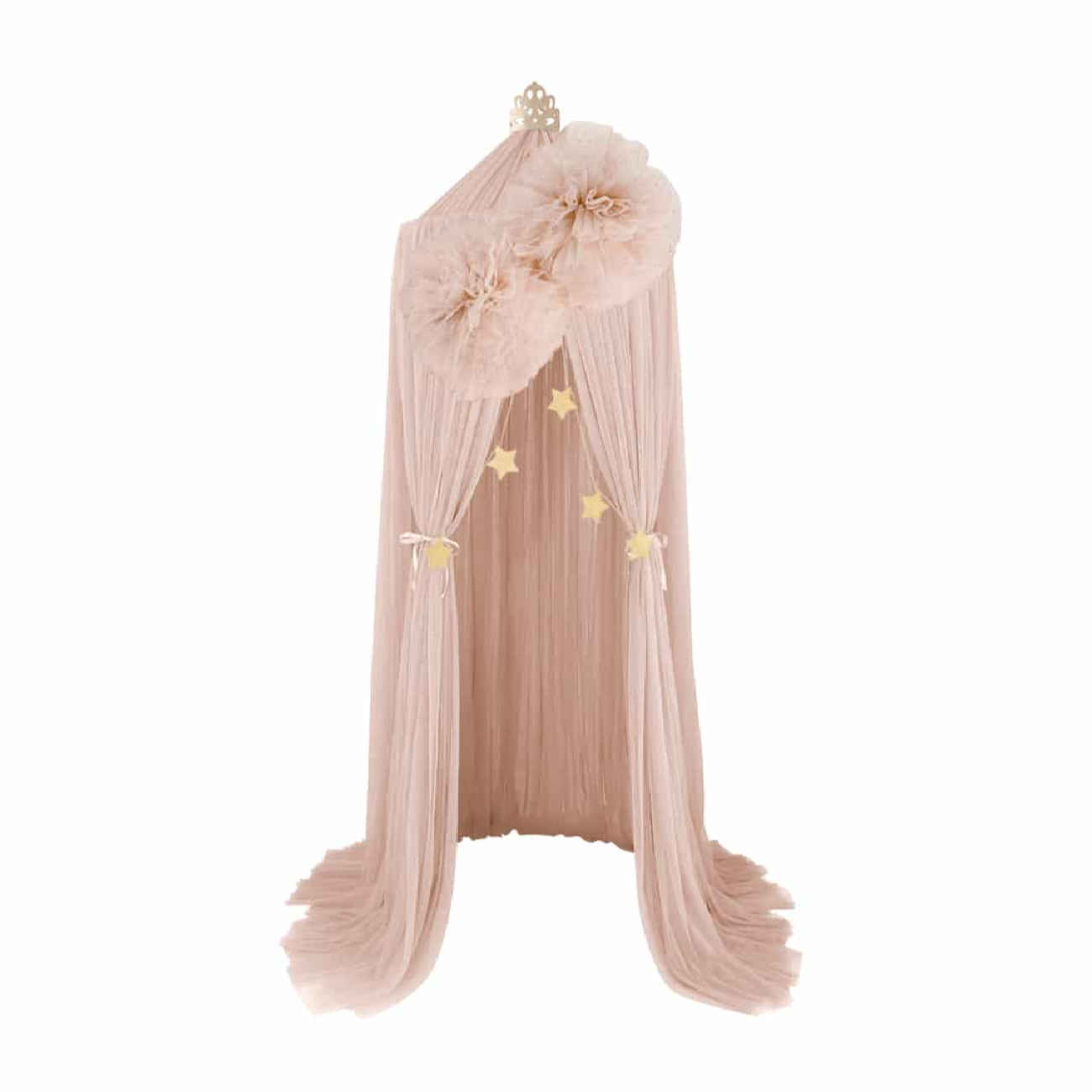 Betthimmel aus Chiffon mit Sternenmuster – Transparenter Stoff mit Pompons und goldenen Sternenakzenten