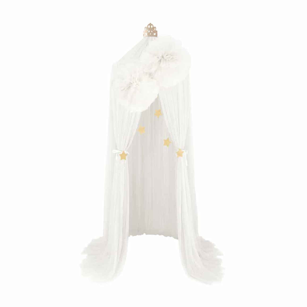 Betthimmel aus Chiffon mit Sternenmuster – Transparenter Stoff mit Pompons und goldenen Sternenakzenten