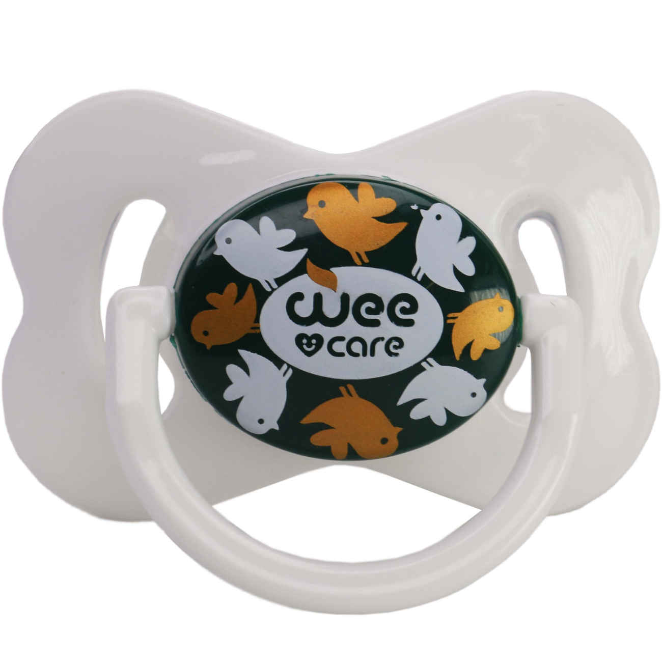 Wee Care kiefergerechter Schnuller – Vogelmotiv mit Griff und Schutzkappe (0–6 Monate)